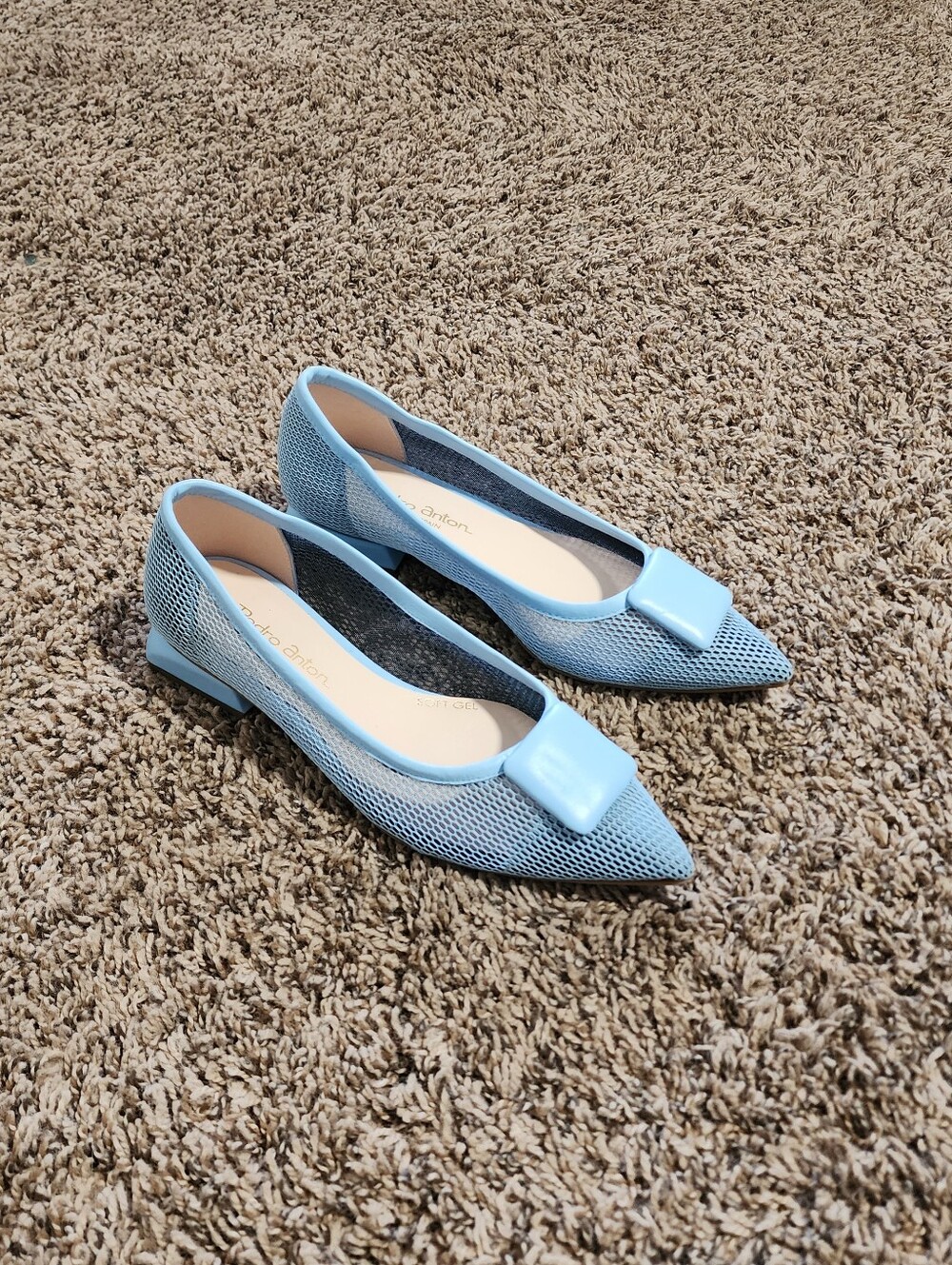 Pedro Anton Light Blue Mesh Pointed Toe Low Block Heels Spain 37 7US